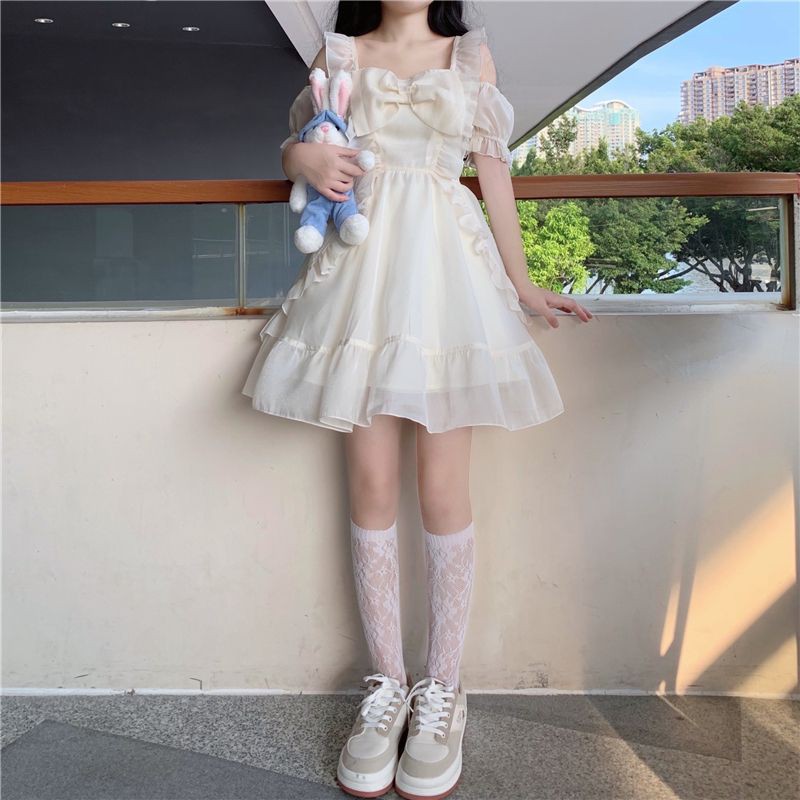 [Có Ảnh Thật - Order Hàng Loại 1] (L3) Váy đầm Lolita trễ vai mùa hè loại đẹp màu kem
