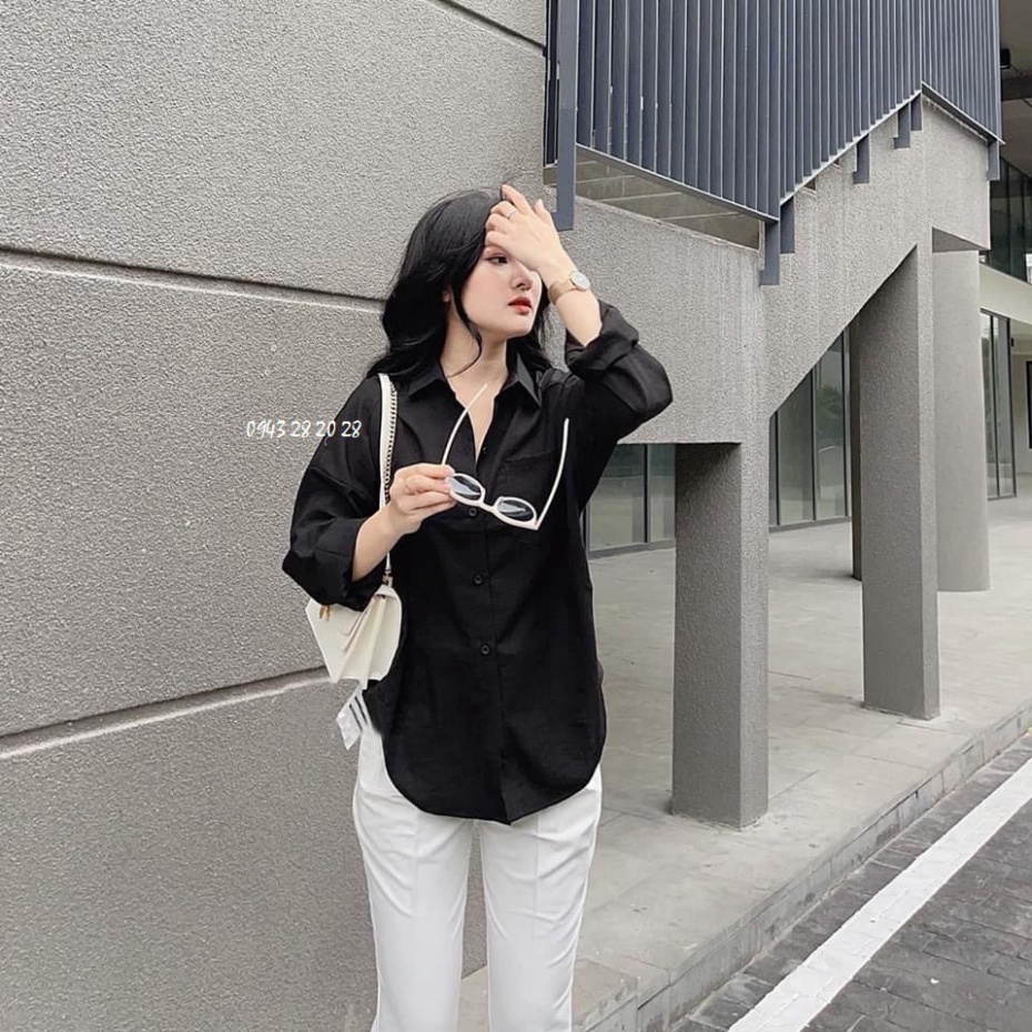Áo sơ mi nữ dài tay vạt tôm nhiều màu mềm mát mầu đen, thời thượng dài tay đũi lụa đuôi tôm không nhăn rộng