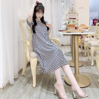 Đầm bầu công sở giá rẻ kẻ ô phối bèo ngực bTT2306