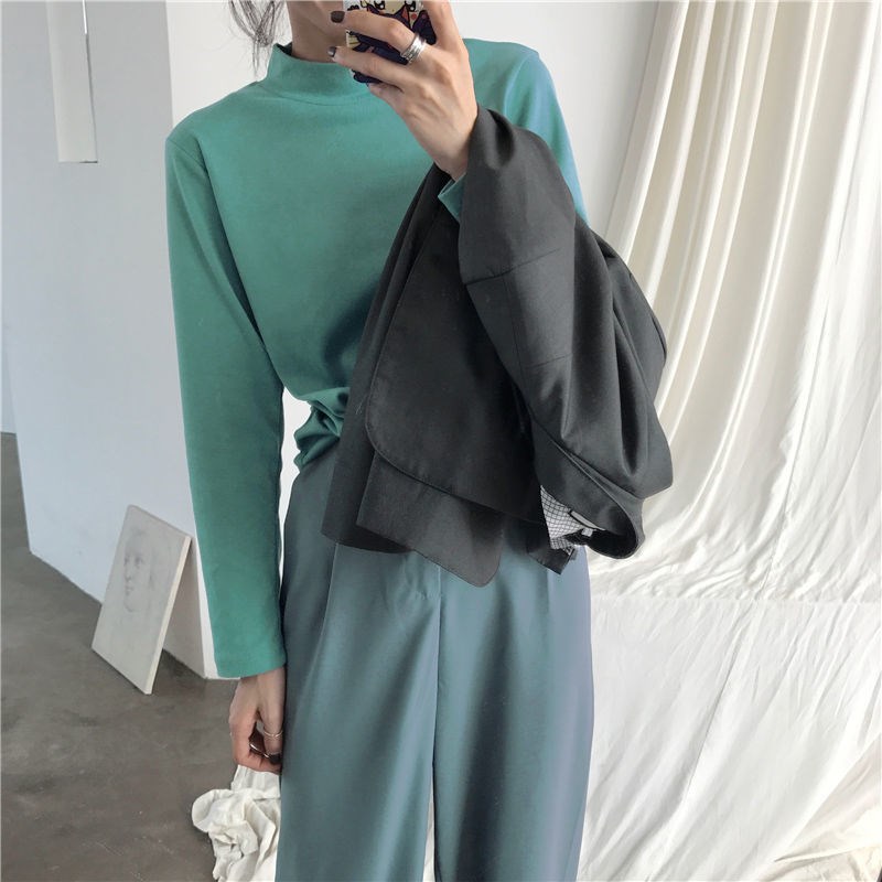 Áo Thun Ôm Tay Dài Cổ Lọ Màu Trơn Thời Trang Đơn Giản Dành Cho Nữ