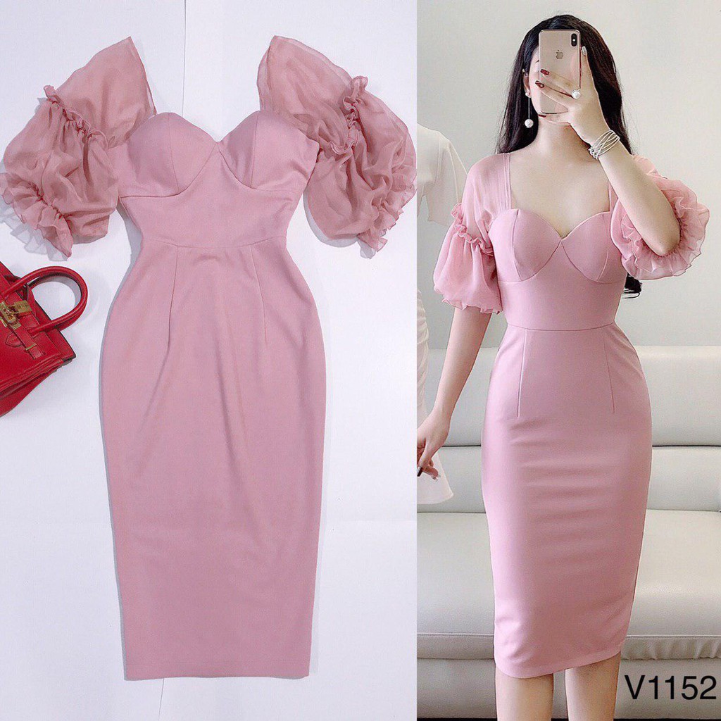 [ xả kho ] MiD Váy body hồng tay bồng V1152 kèm ảnh thật