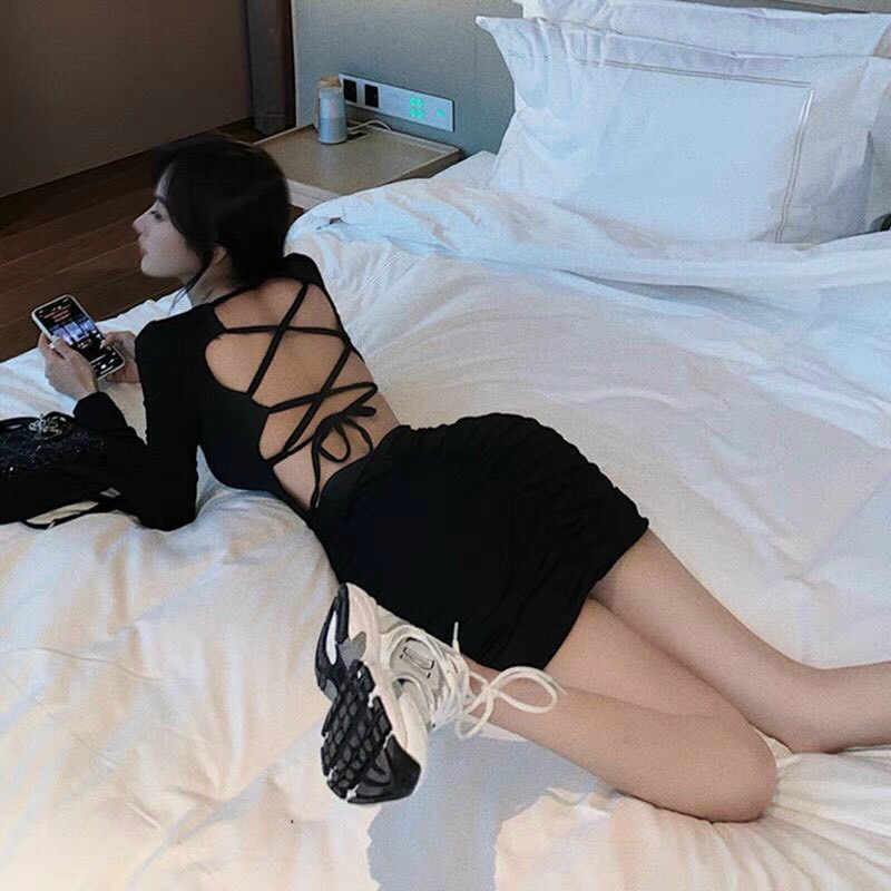 đầm ôm body tay dài hở lưng đan dây có mút siêu sexy tôn dáng, cực hot, mẫu trend