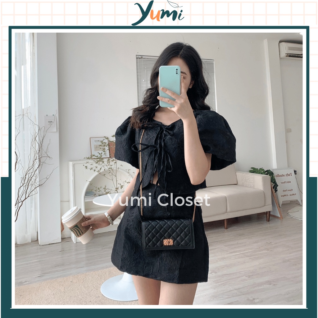 Set váy nữ tiểu thư áo nơ tay bồng và chân váy Hàng Loại 1 Yumi YM-01 Set váy áo cao cấp 2022