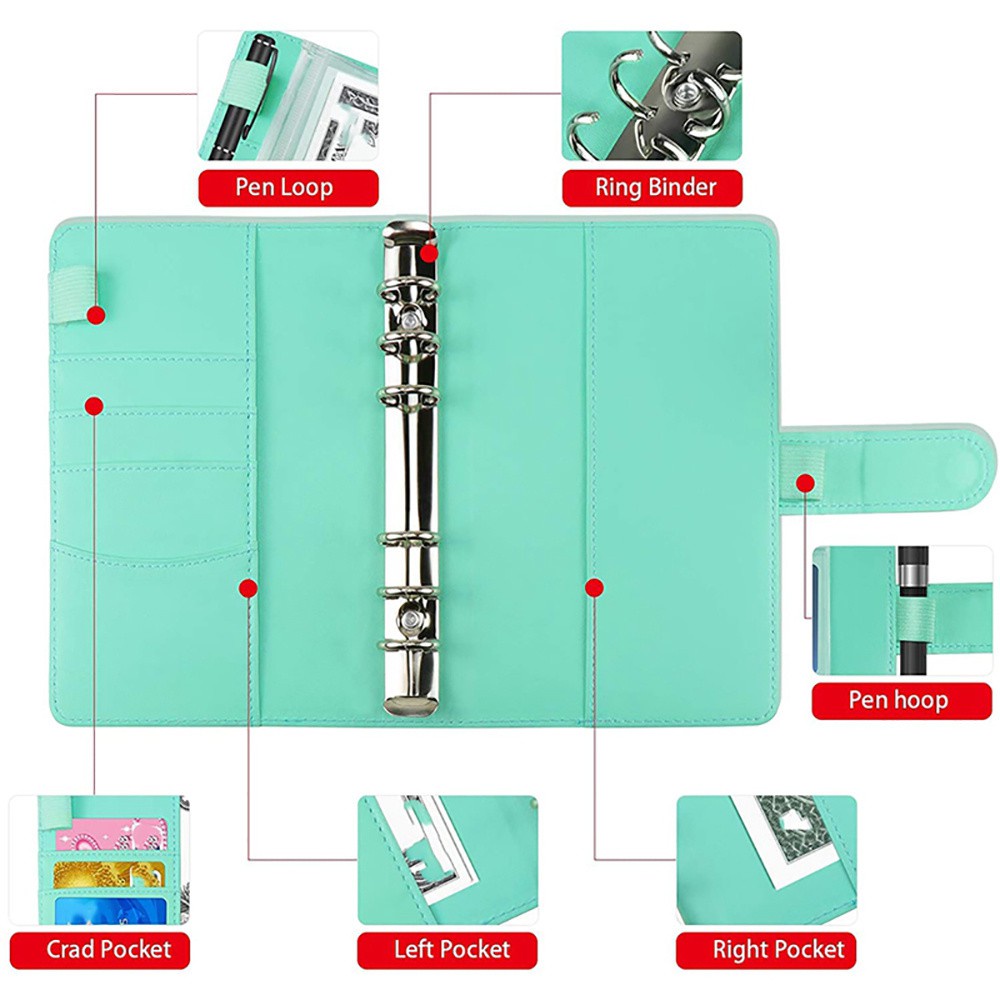 Sổ tay đóng gáy khổ A6 với 12 tờ đựng tiền với 8 túi trong suốt đục 6 lỗ &amp; 2 nhãn dán xinh xắn tiện dụng