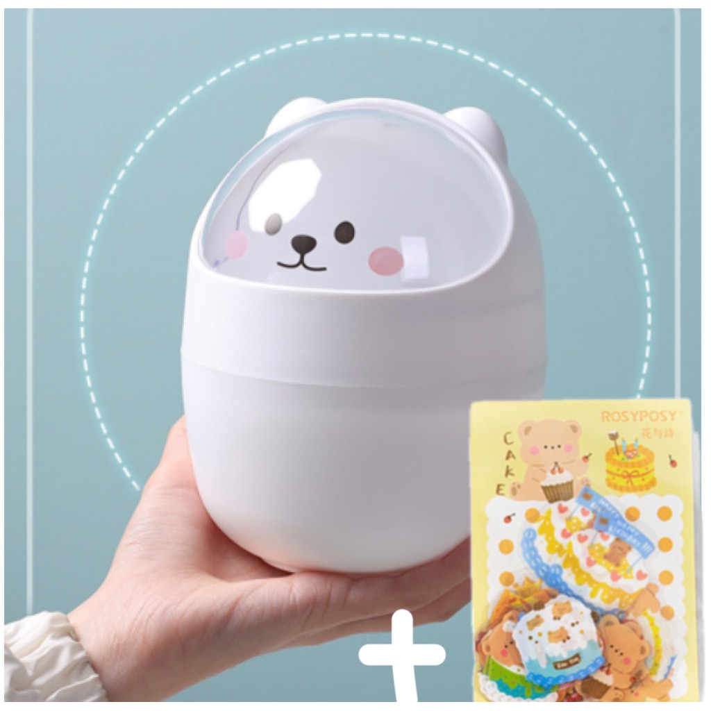 Thùng rác để bàn mini có nắp đậy hình chú gấu đáng yêu
