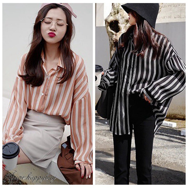 Áo sơ mi chiffon Hàn Quốc họa tiết sọc dọc thời trang cho nữ