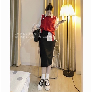 Áo gile len cúc phối sơ mi( ảnh shop chụp)