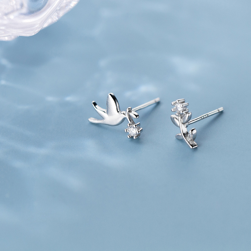 Bông Tai Bạc Fashion CZ Sweet Lovely Birds Peace Dove Silver Animal Stud Earring for Women Jewelry Gifts