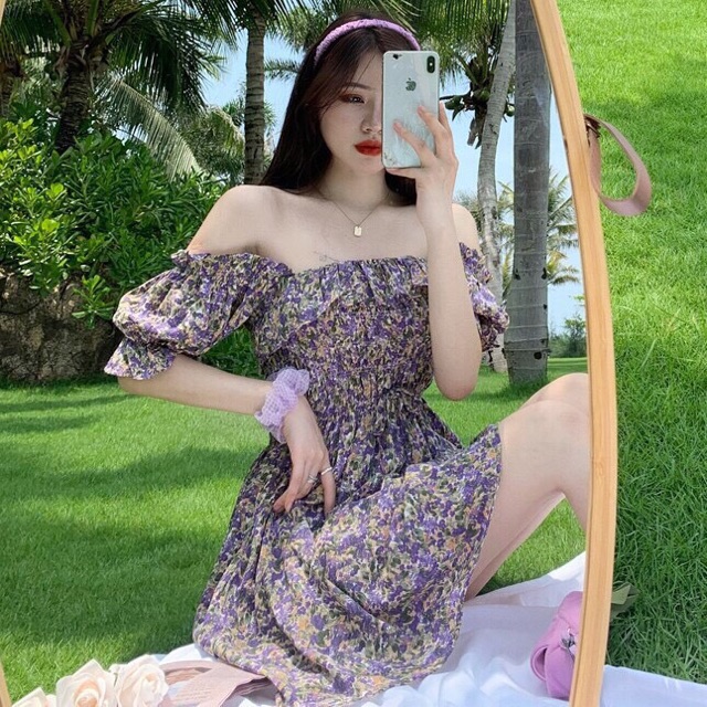 [ Mã FAMAYWA2 giảm 10K đơn 50K] Đầm ngắn bông lụa kiểu cổ bèo trễ vai tay ngắn loe | BigBuy360 - bigbuy360.vn