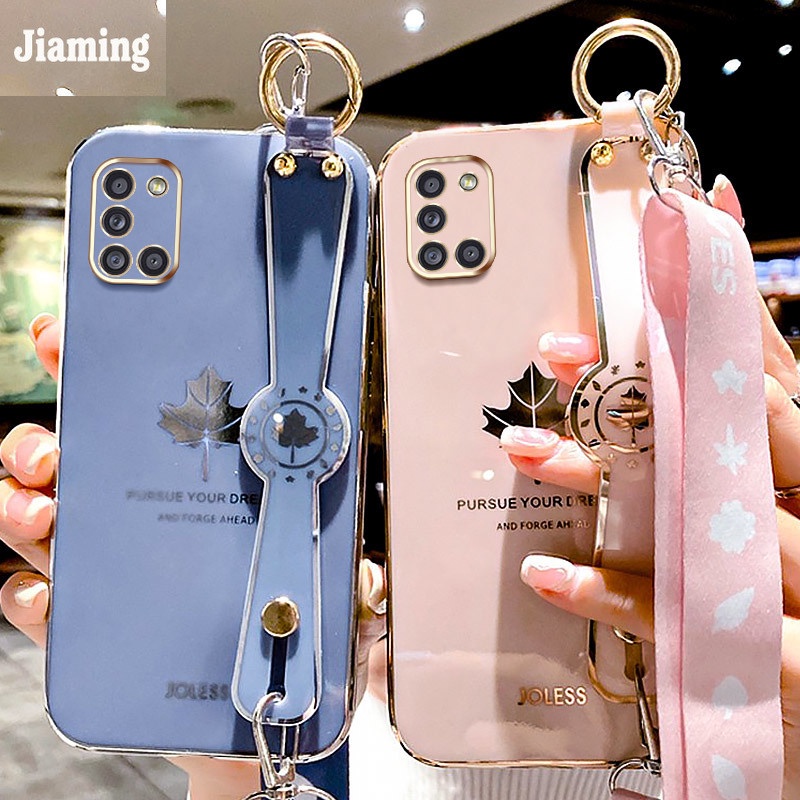 Ốp Điện Thoại Viền Lá Phong Mạ Điện Sang Trọng + Dây Đeo Cổ Tay Cho Samsung Galaxy A31 2020