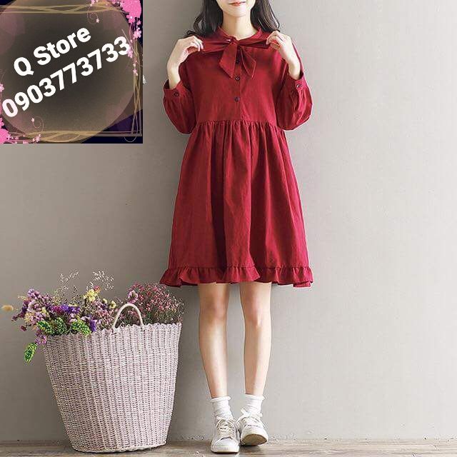 Đầm babydoll cổ nơ đỏ