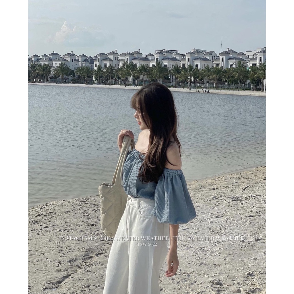 Áo trễ vai xốp tay siêu bồng croptop Hàn Quốc