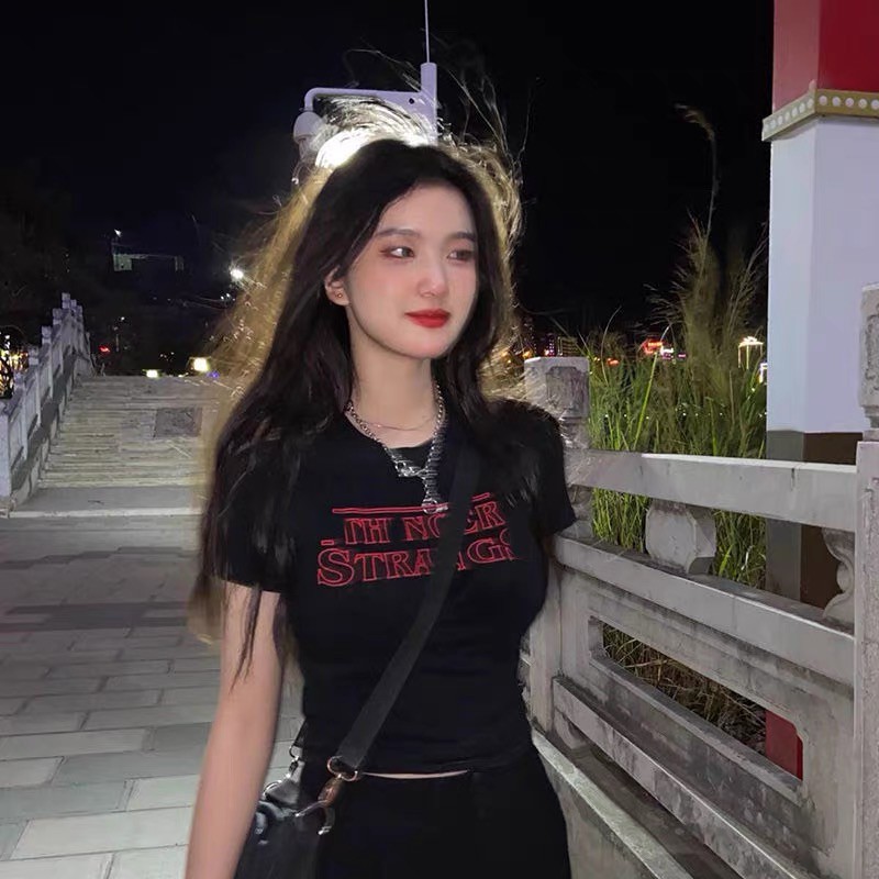 Áo thun croptop cổ tròn tay ngắn thời trang Hàn Quốc cá tính cho nữ