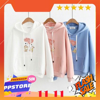 Áo khoác hoodie nỉ in gấu thả tim cute
