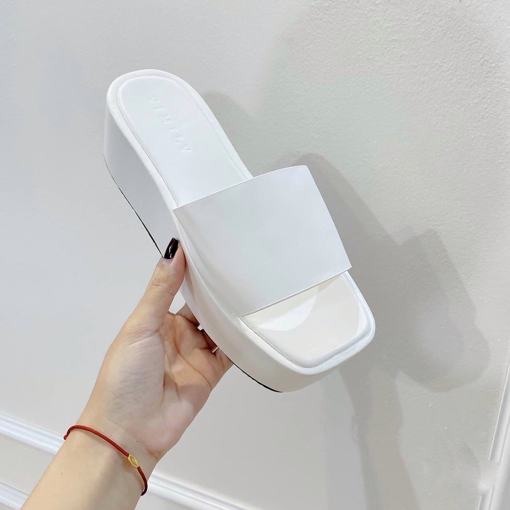 Dép lê da mịn 1 bản ngang to đế bằng cao đen trắng - 4P