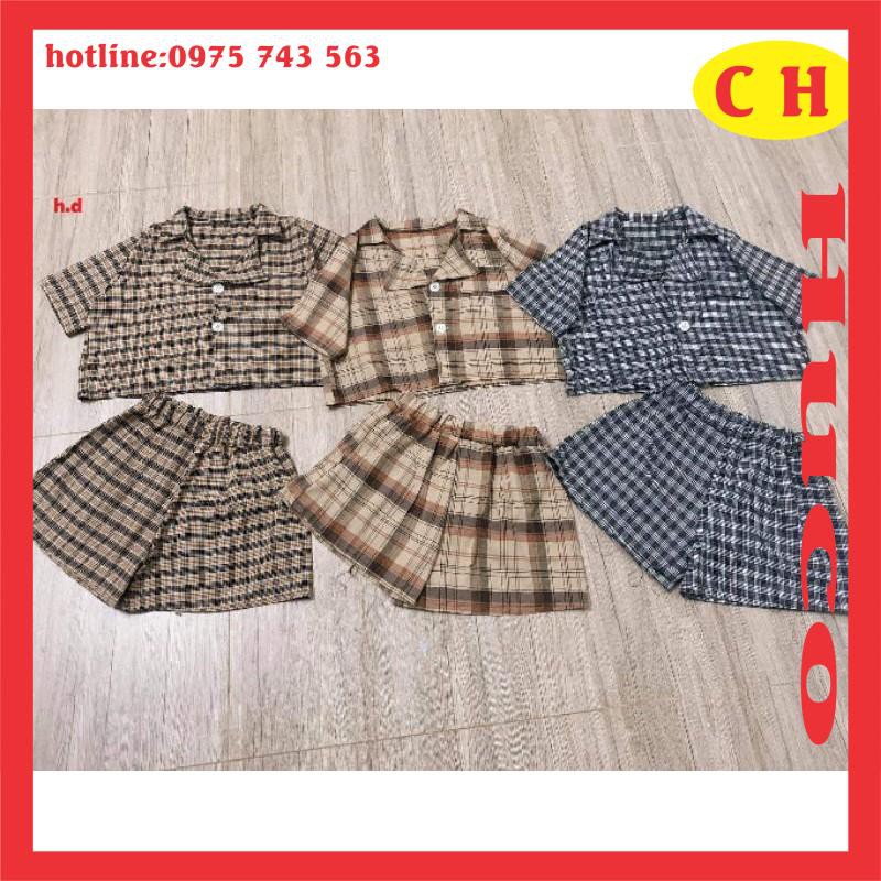 [ẢNH THẬT] sét áo croptop kẻ karo cổ bẻ có cúc + quần giả chân váy xòe ngang đùi, sét váy nữ freesize năng động cá tinhS