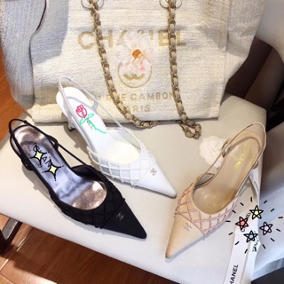 Giày cao gót Cha.nel mũi nhọn hở gót hot hit đen kem nude trắng (chat trước check size)