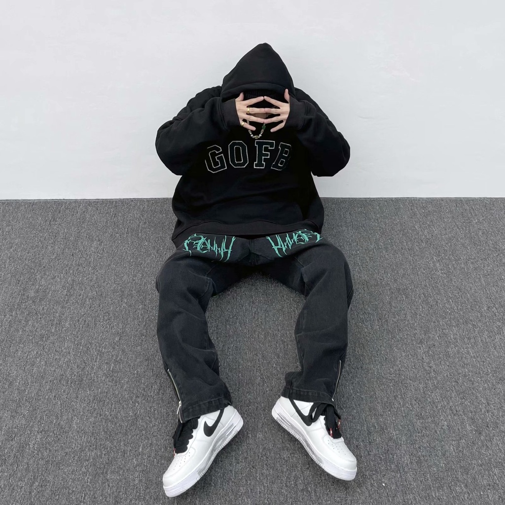 Quần jean ống suông Xẻ Tà Thêu Họa Tiết Phong Cách Hip Hop Cá Tính Cho Nam