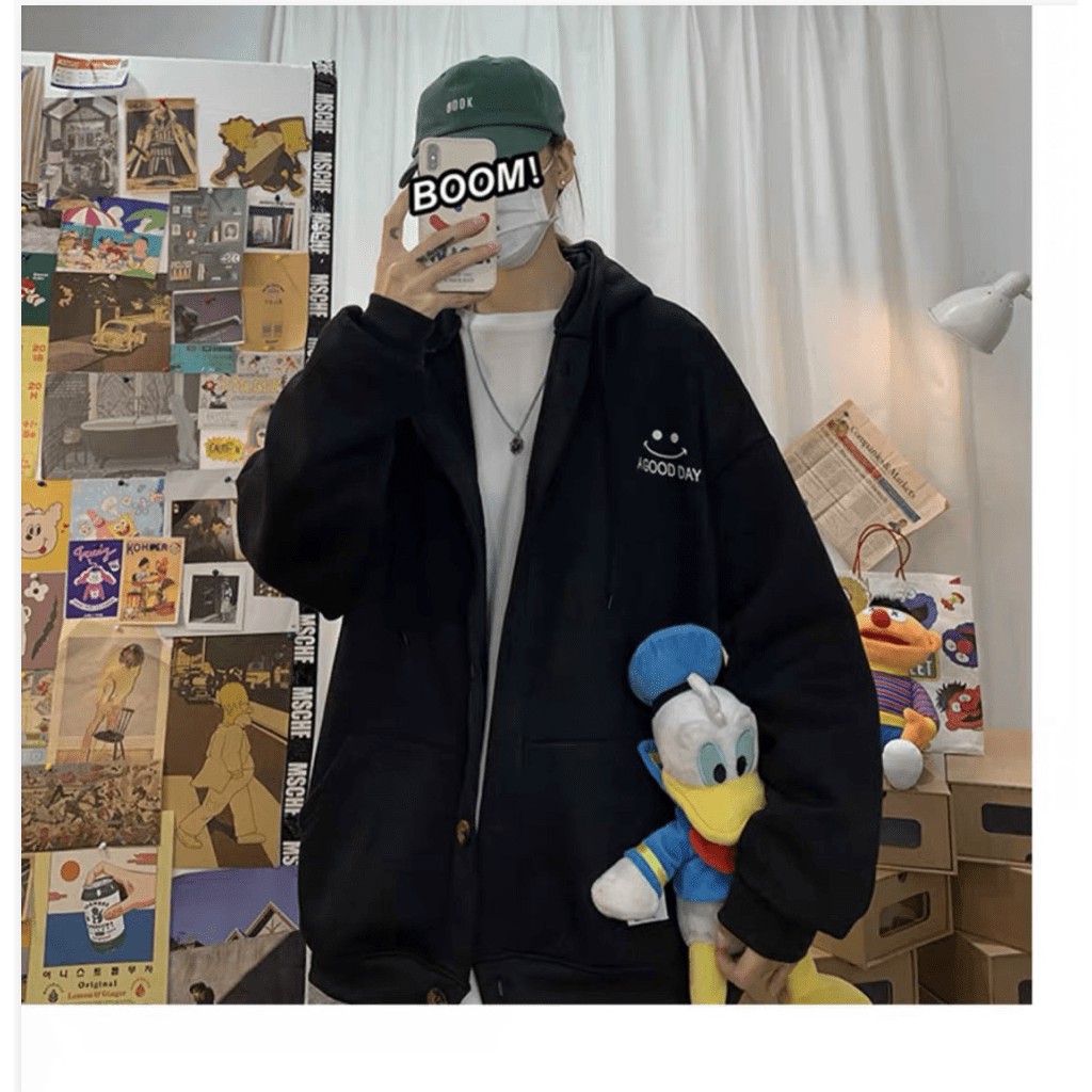 ÁO KHOÁC HOODIE NÚT GÀI MẶT CƯỜI FORM RỘNG CHO NAM CỰC HOT TU