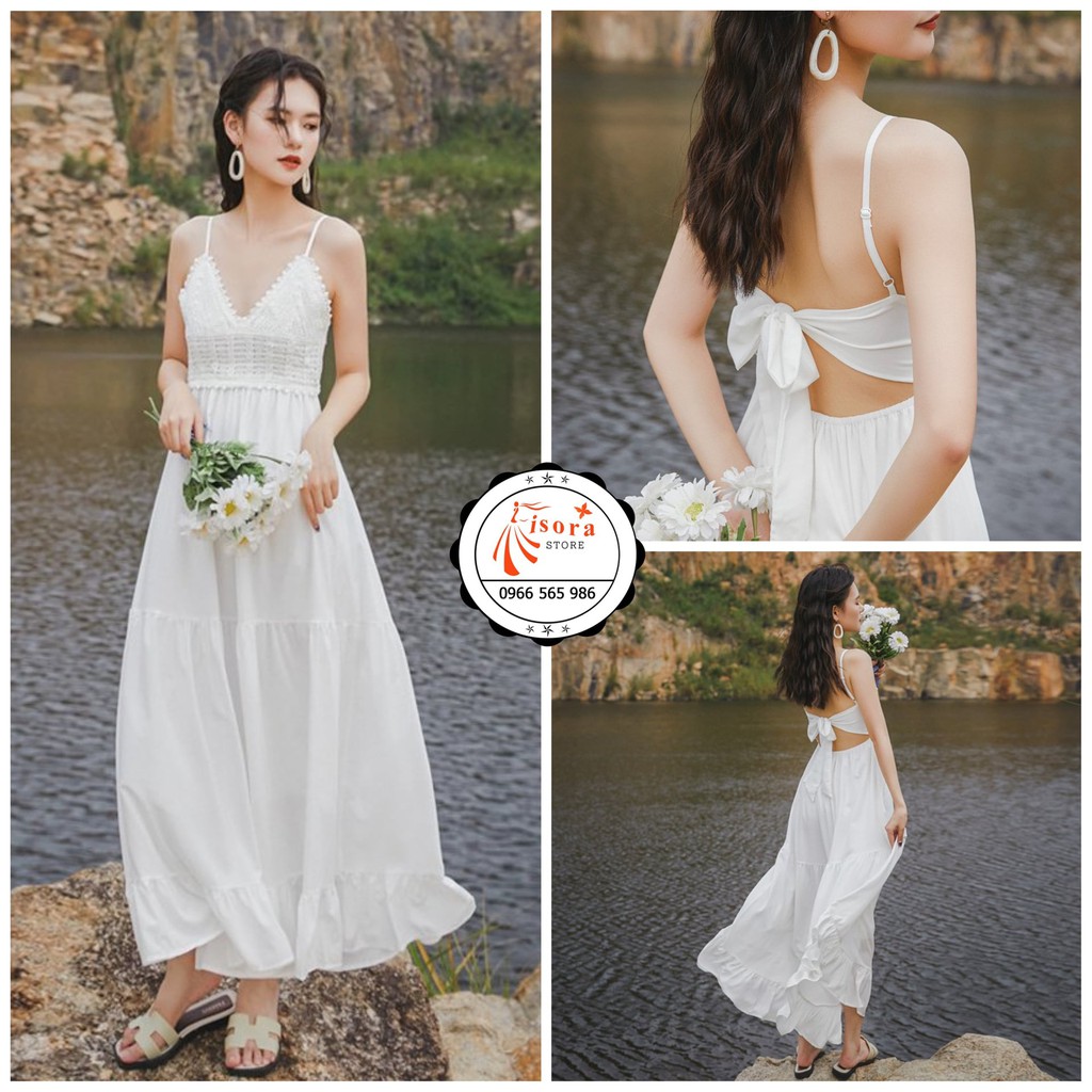 Váy Maxi Trắng Len Móc Nơ Lưng QCCC - Đầm Maxi ISORA, S-L
