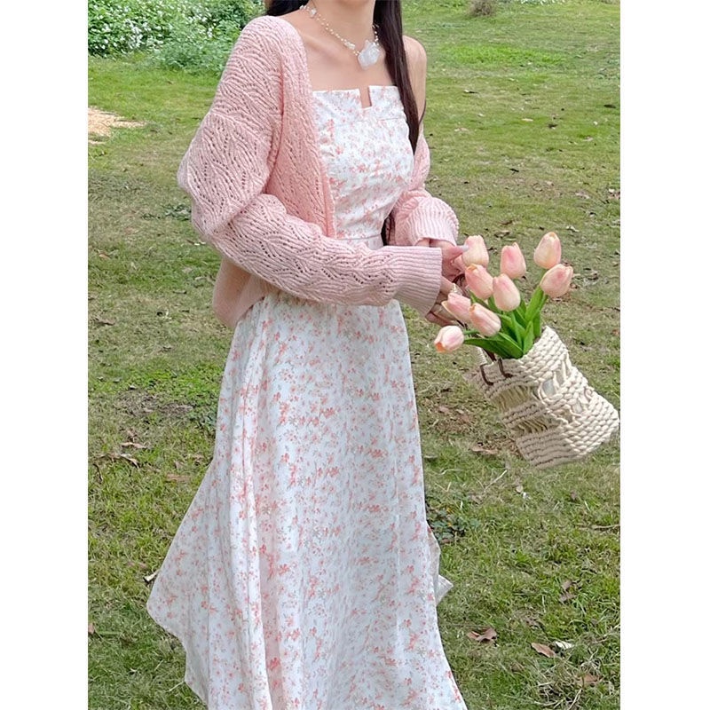 Bộ Áo Cardigan Hai Dây In Hoa + Chân Váy Lưng Cao Thời Trang Mùa Hè 2022