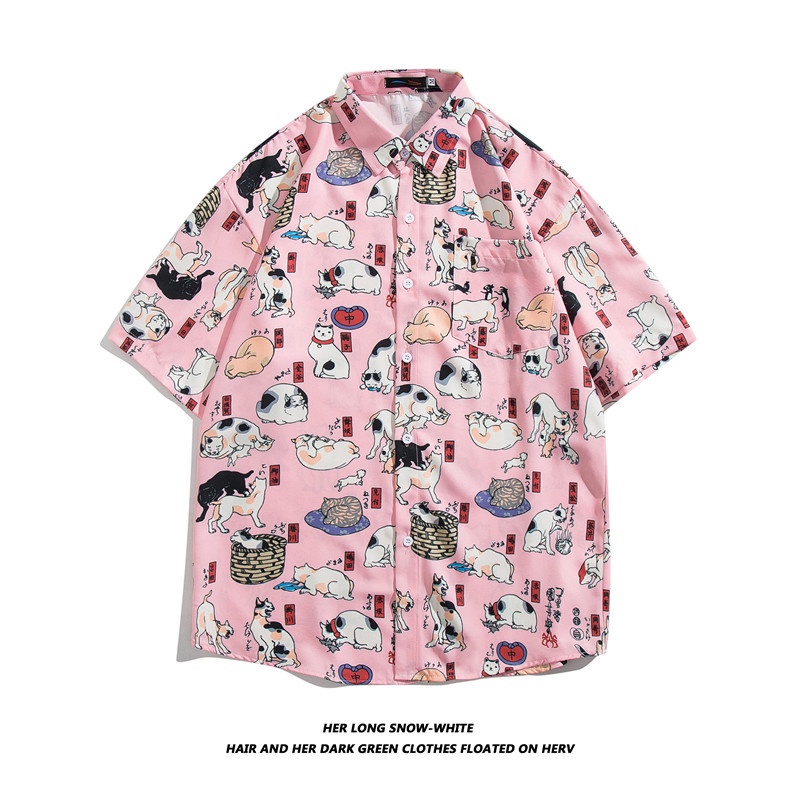 Áo Sơ Mi Tay Ngắn In Họa Tiết Hoạt Hình Mèo Và Chó Phong Cách Hàn Quốc Thời Trang Cho Nam