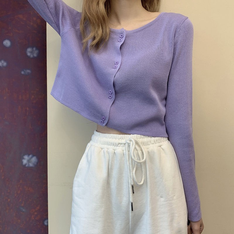 Áo khoác cardigan tay dài màu tím phong cách hợp thời trang cho nữ