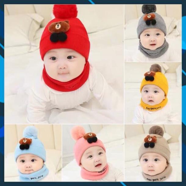 [FreeShip] Bộ mũ + khăn len gấu Brown cho bé [Ảnh thật tự chụp]