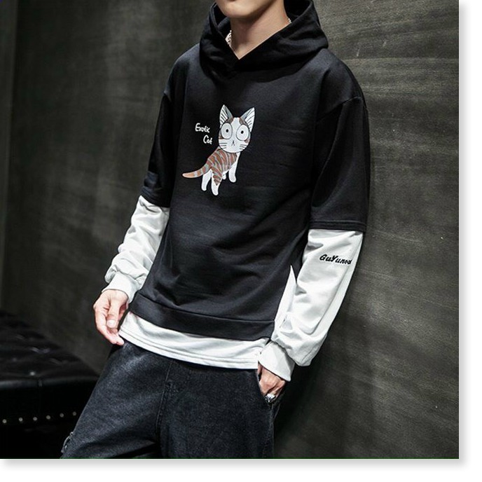 ÁO HOODIE NAM NỮ PHỐI TAY HAI MÀU HỌA TIẾT MÈO NGÁO NGƠ