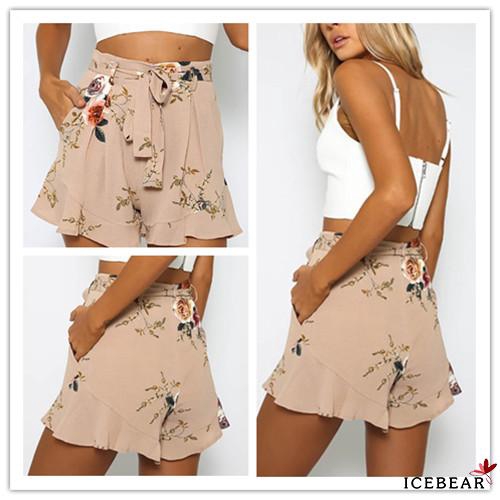 A2R-Women Bandage Chiffon Floral Shorts Stretch Waist Casual Beach Short Hot Pants