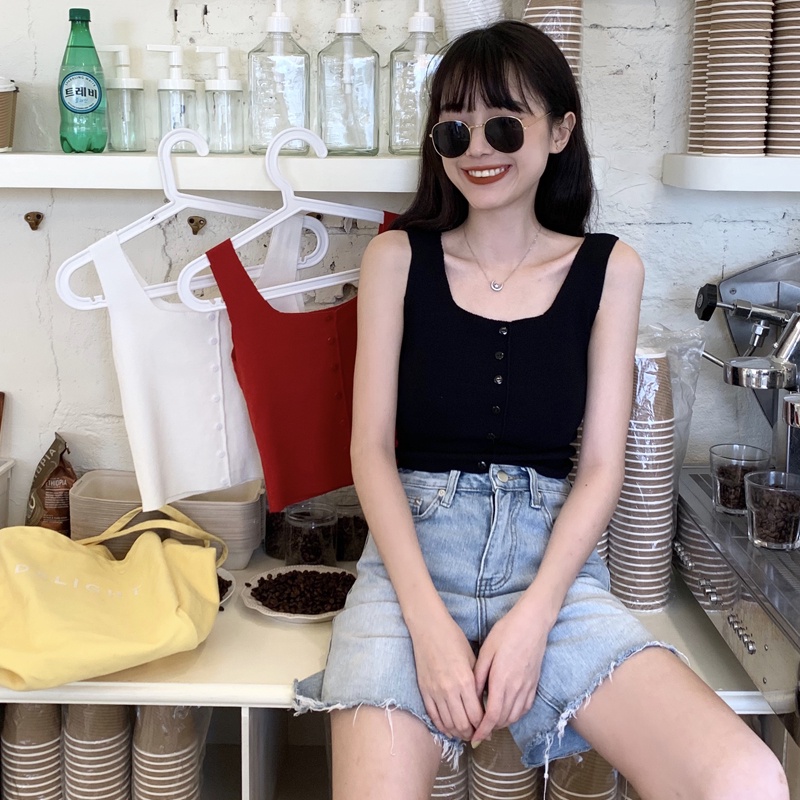 Áo lửng ZHELIHANGFEI dệt kim không tay hở rốn phối nút thời trang xuân hè dành cho nữ