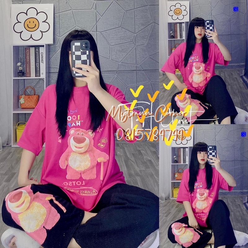Set áo cotton gấu quần suông in gấu