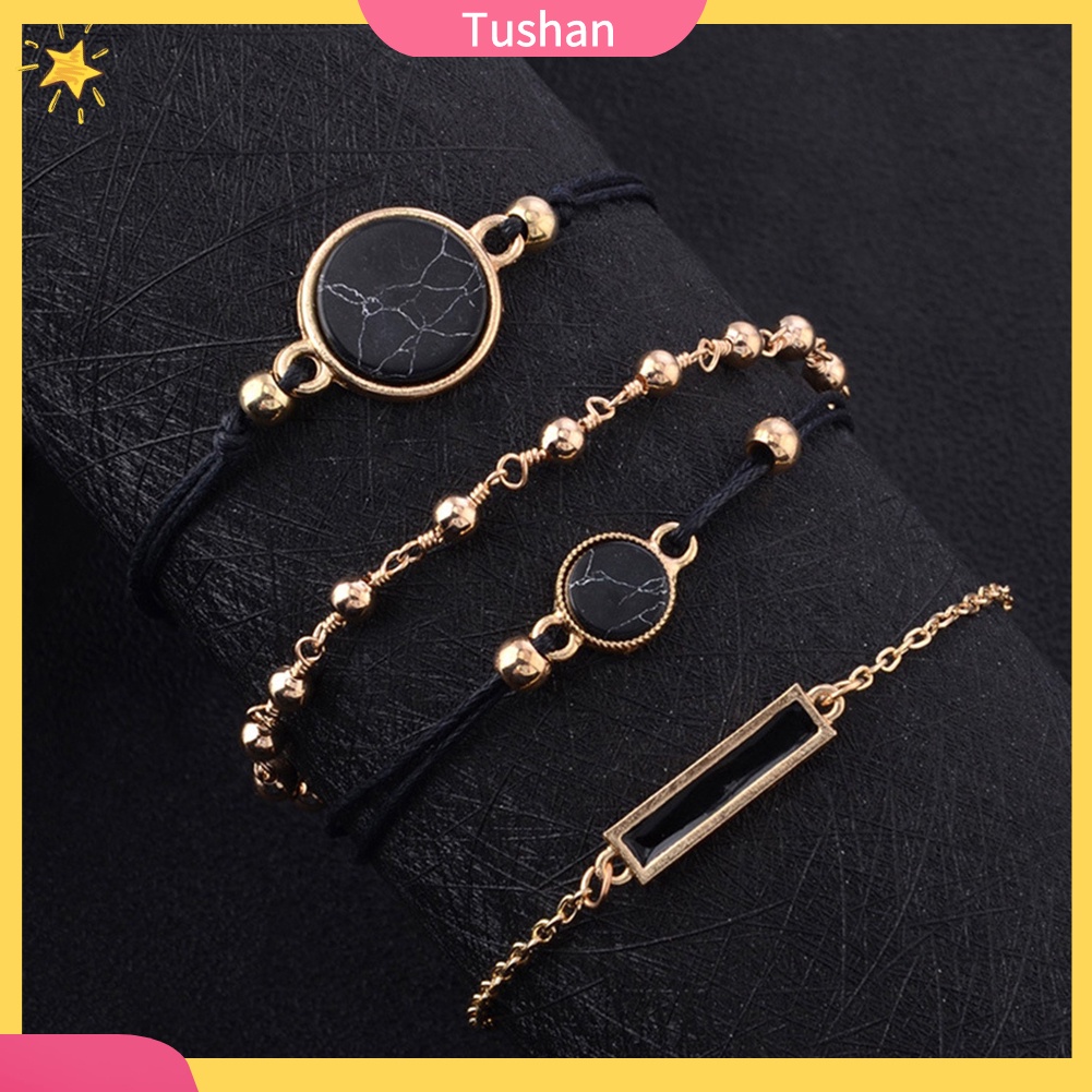 TUSH_4Pcs/Set Women Bohemian Round Bar Stone Charm Bracelet Rope Chain Bangle Jewelry