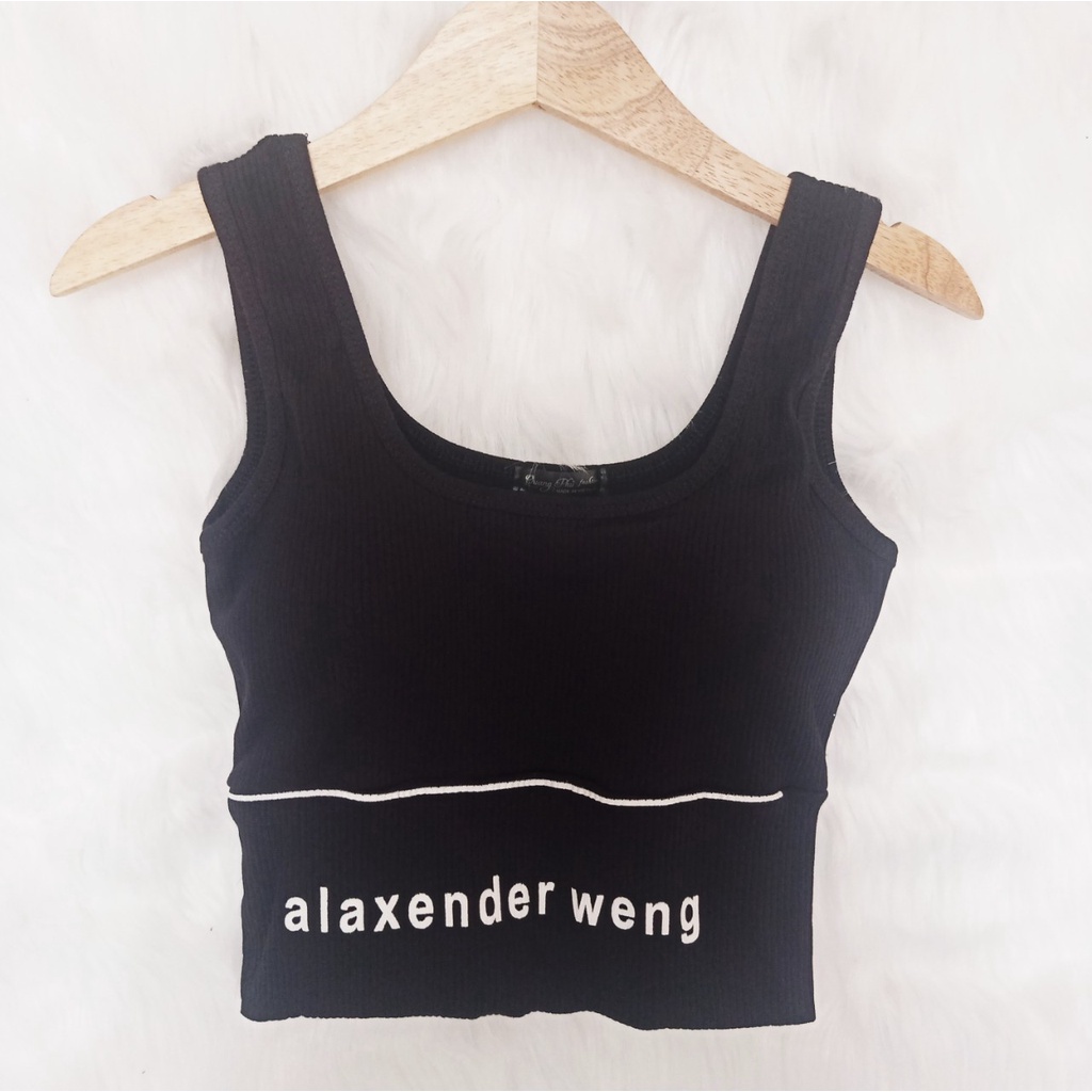 Áo Croptop kiểu có mút ngực in chữ alaxender weng, chất liệu thun gân tăm thoáng mát, thích hợp tập gym, đi dạo