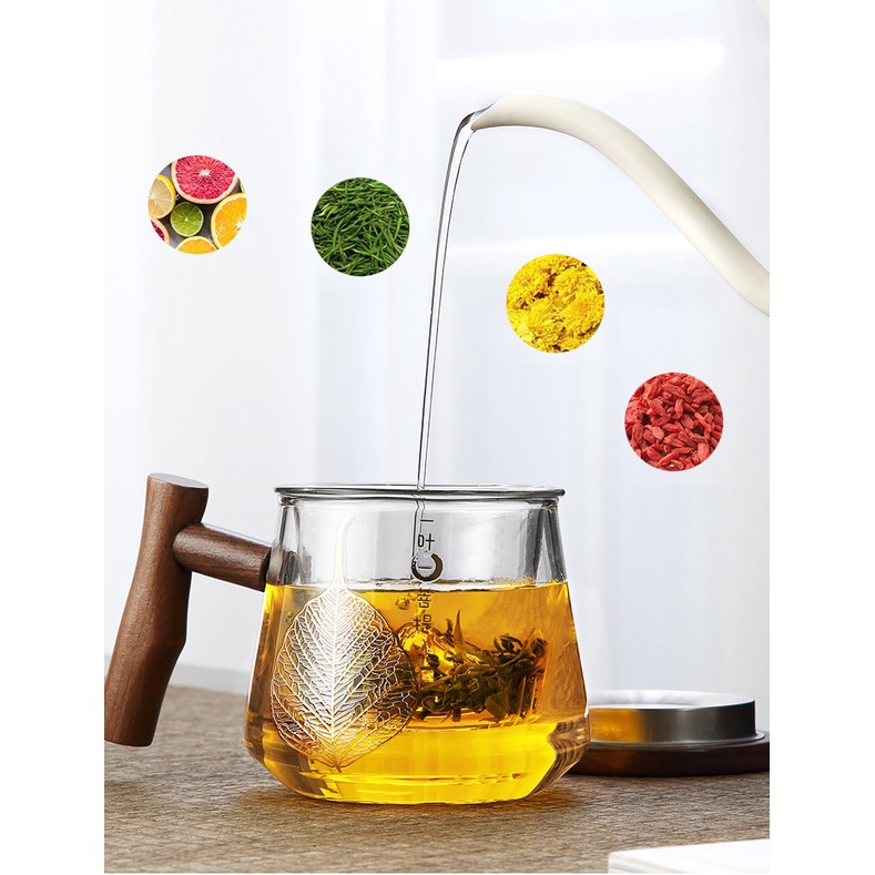 Bình, Ly cốc thủy tinh pha trà có lõi lọc và nắp đậy (Tay Cầm Gỗ 450 ml)