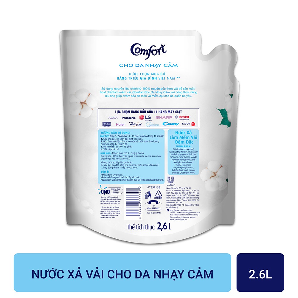 [Mã HCMST5 giảm 10K đơn 99K] Nước Xả Vải Comfort (2.6L) Túi Nước Xả Vải Cho Da Nhạy Cảm