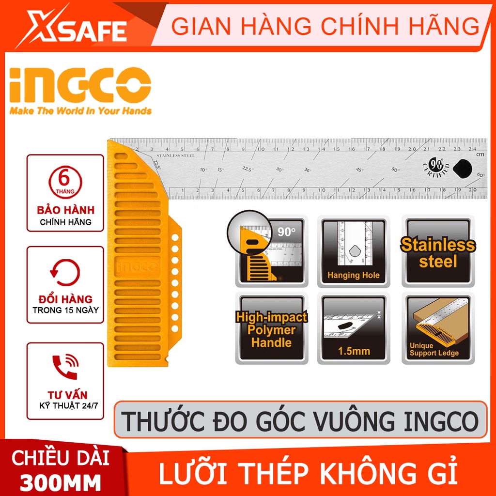 Thước đo góc vuông INGCO HAS123002 Ê ke chiều dài 300mm(12&quot;), chiều rộng lưỡi dao 40mm, lưỡi thép không gỉ dày 1.5mm