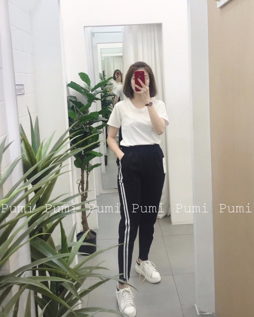 Quần baggy nữ 2 sọc lưng thun vải cotton linen co giãn tốt nhiều màu tạo điểm nhấn cá tính dễ phối áo - Pumi