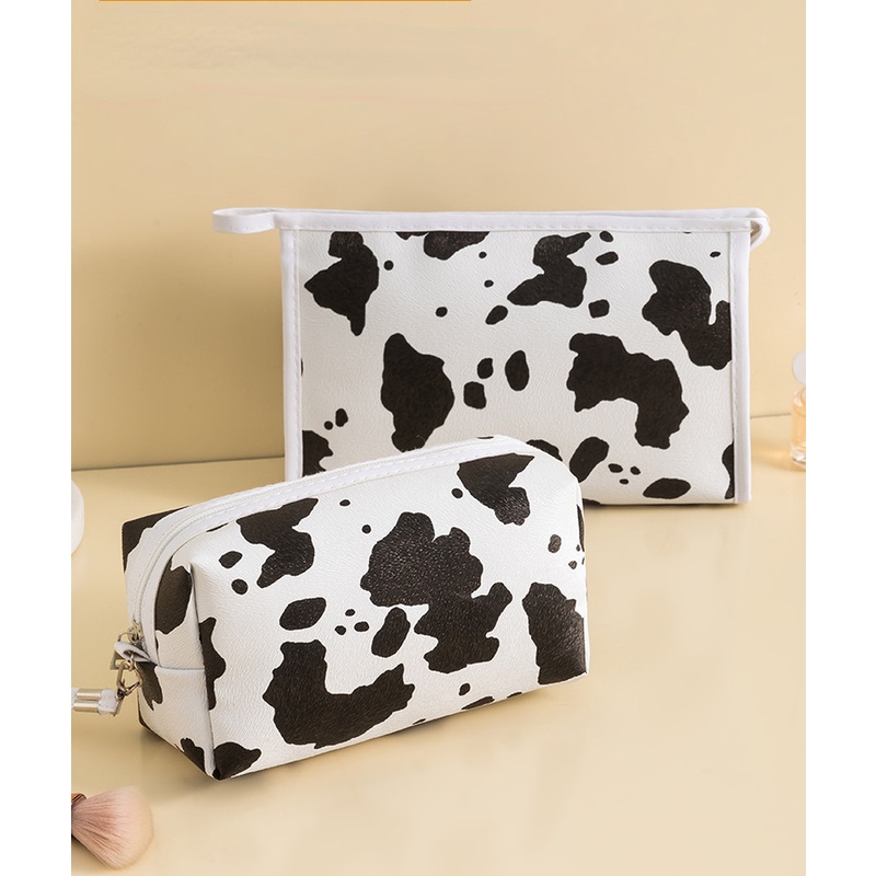 Túi Đựng Mỹ Phẩm Da PU Cỡ Lớn Họa Tiết Bò Sữa Độc Đáo Thời Trang