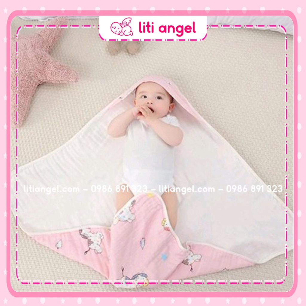 Khăn quấn ủ xô có mũ cho bé sơ sinh, Vải xô 100% cotton mềm mịn giúp bé thoải mái