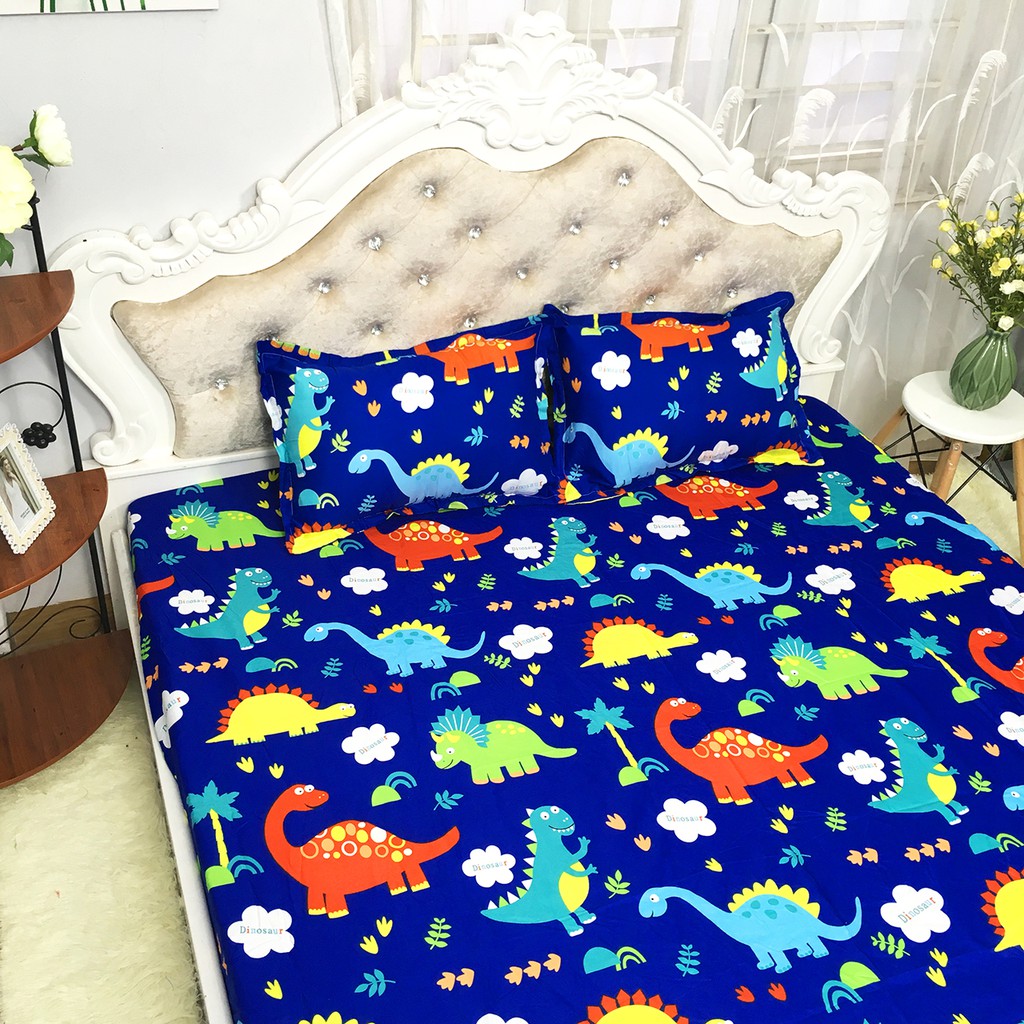 Bộ Ga Gối Cotton Poly Mẫu KHỦNG LONG XANH DÀNH CHO BÉ TRAI