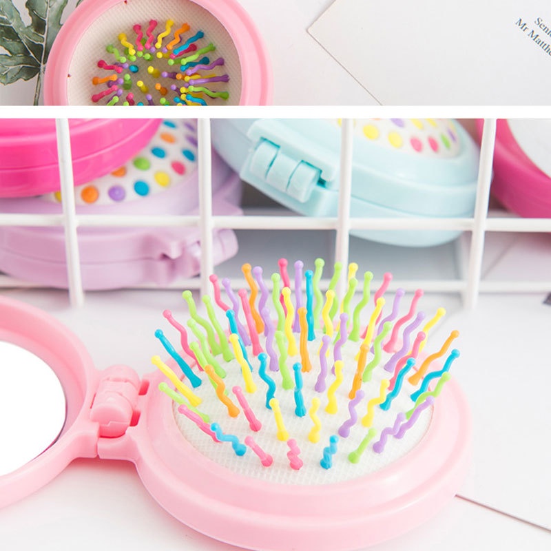 Lược Chải Tóc Kèm Gương Mini Chống Tĩnh Điện Họa Tiết Hoạt Hình Gấp Gọn Bỏ Túi Tiện Lợi