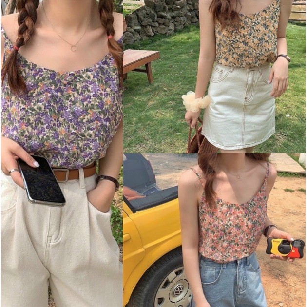 Áo Hai Dây Hoa Nhí Dáng Xuông Không Đệm Vải Lanh mịn không nhăn SIÊU MÁT