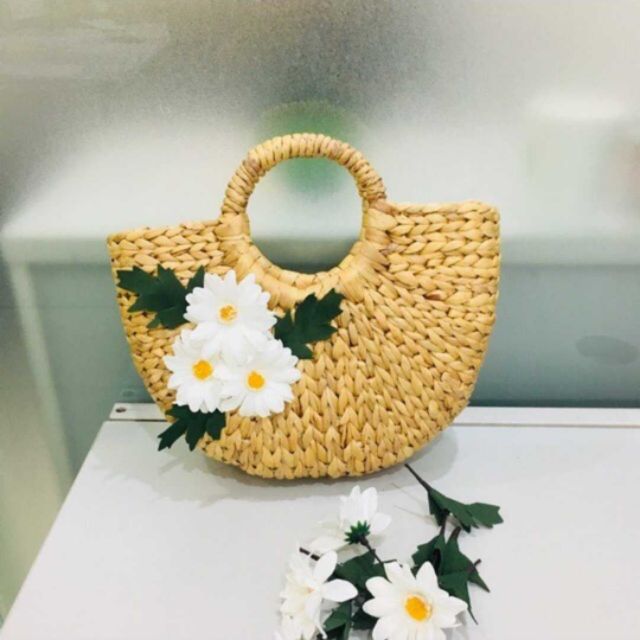 Túi cói bán nguyệt hoa cúc