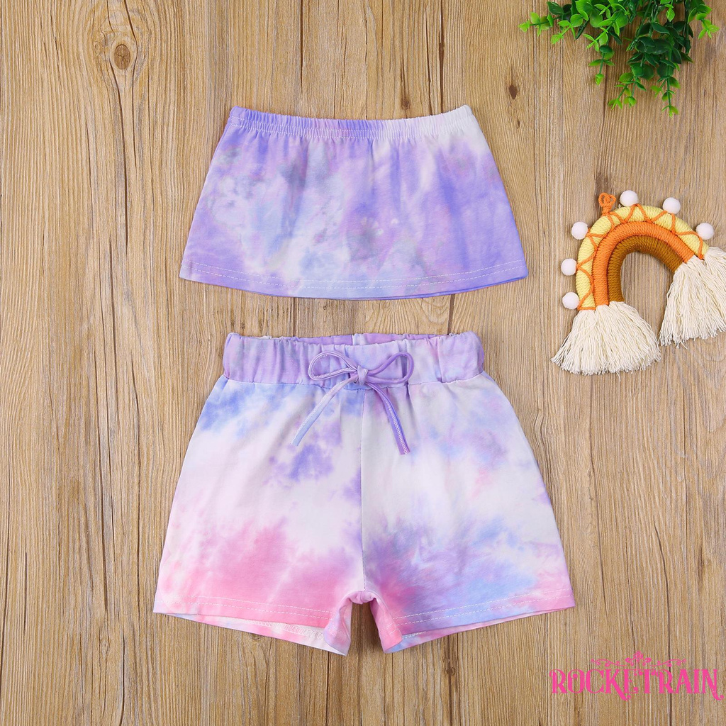 Set Áo Croptop Nhuộm Màu + Quần Short Lưng Cao Dây Rút Thời Trang Cho Bé Gái