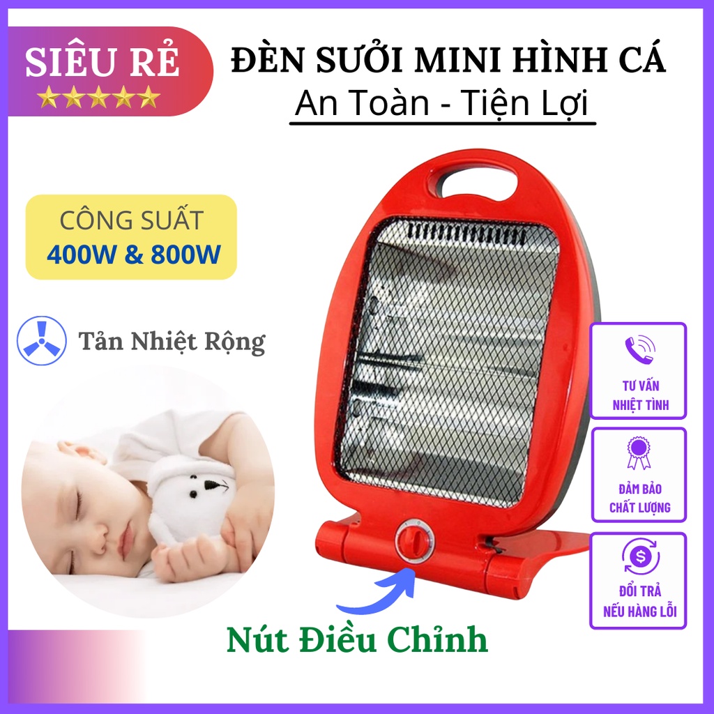 Máy Sưởi Ấm Mùa Đông 800W, Đèn Sưởi Hồng Ngoại 2 Bóng Hình Cá An Toàn Cho Bé, Tự Động Ngắt Điện Khi Đổ, Tiết Kiệm Điện