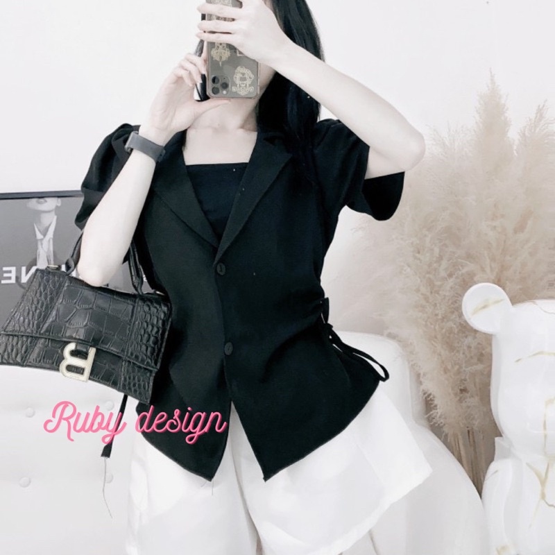 (XẢ HÀNG) Áo kiểu nữ cổ vest rút eo tay ngắn vải lụa mềm phong cách Hàn Quốc cá tính Ruby design