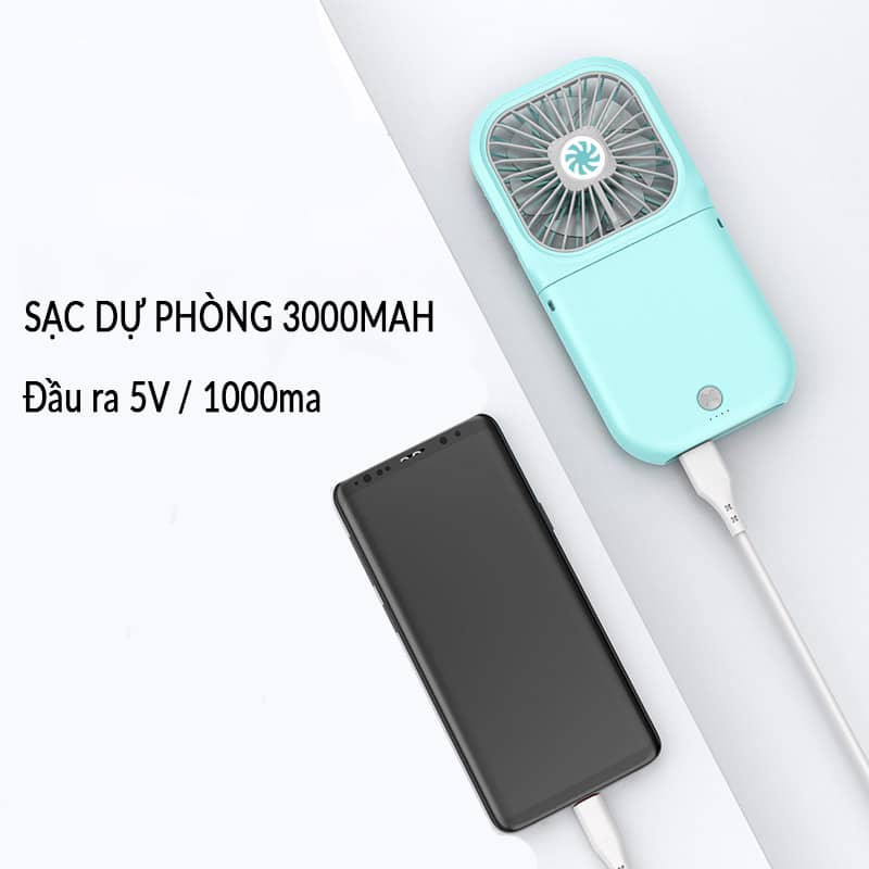 Quạt mini cầm tay kiêm sạc dự phòng 3000mAh, quạt tích điện đeo cổ, để bàn, gió mạnh, mát, êm ái, gấp gọn - Phụ Kiện HB