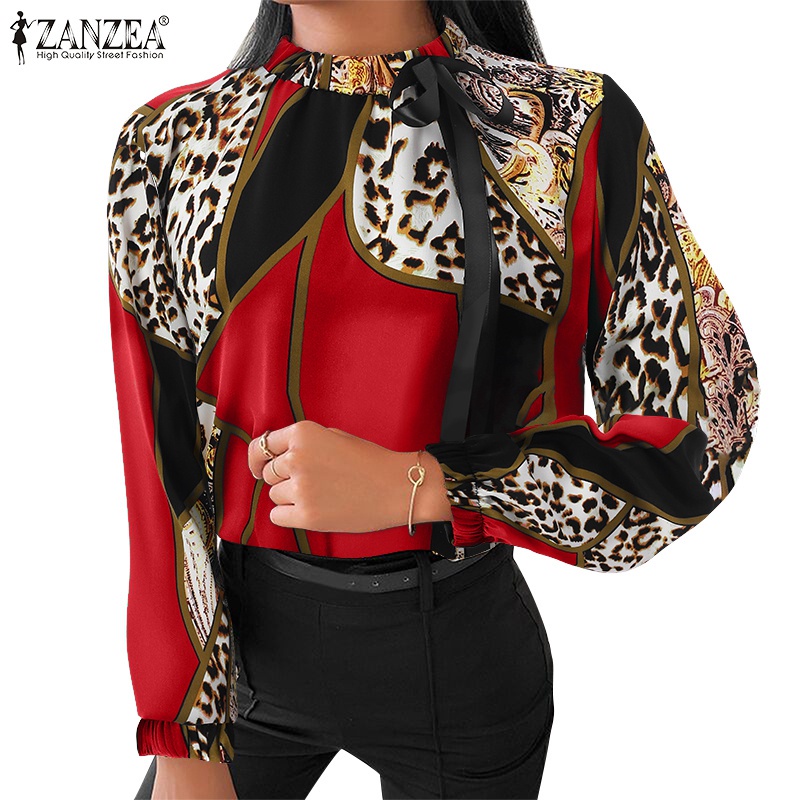 Áo blouse nữ ZANZEA dáng rộng tay phồng in da báo thanh lịch