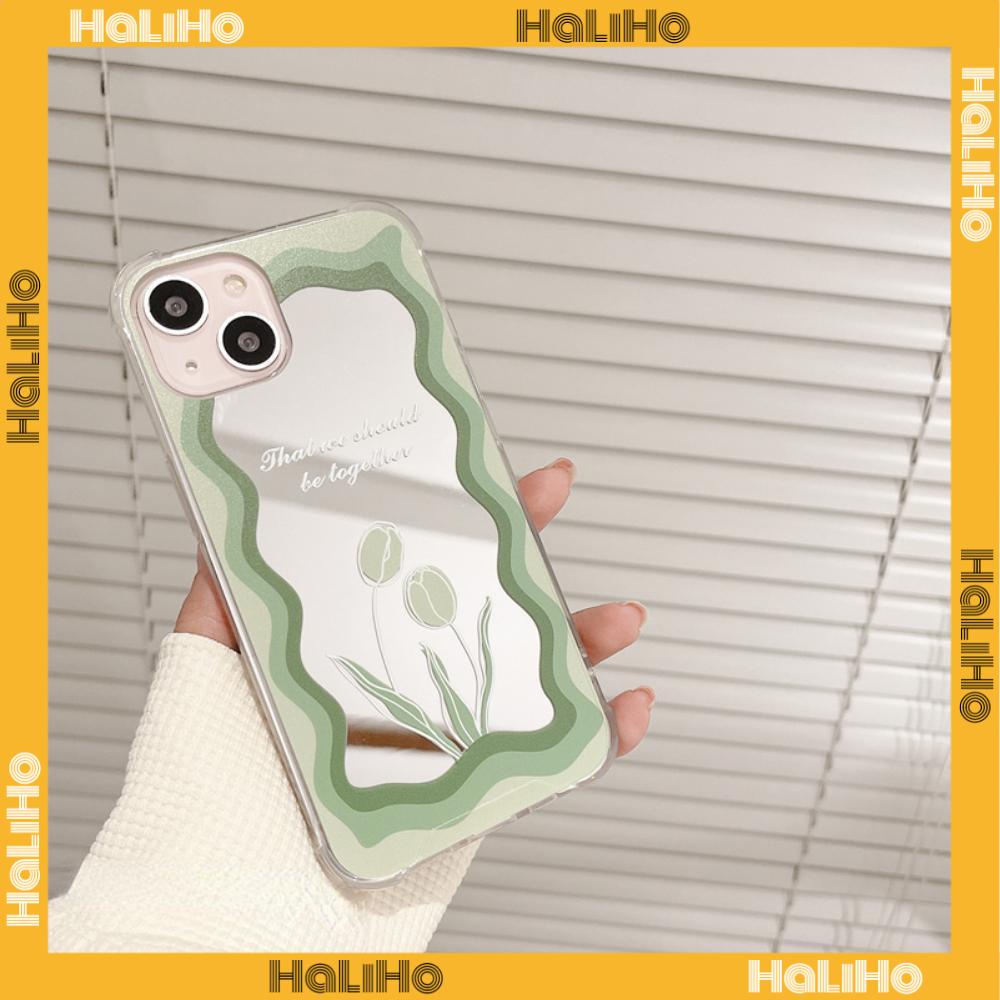 iPhone Case Acrylic Reflective Mirror Airbag Shockproof Protection Camera Green Tulip Flower Compatible with iPhone 11 iPhone 13 Pro Max iPhone 12 Pro Max iPhone 7 Plus iPhone xr